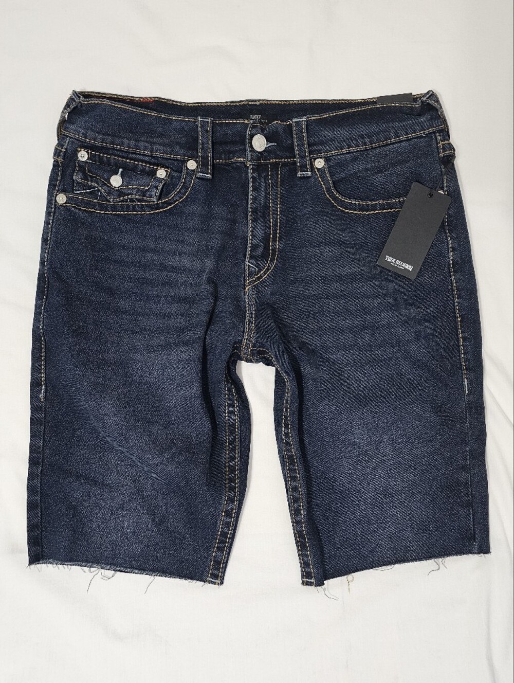 True Religion Ricky Big T Flap Raw Hem Denim Shorts Men's 34 Dark Wash Relaxed